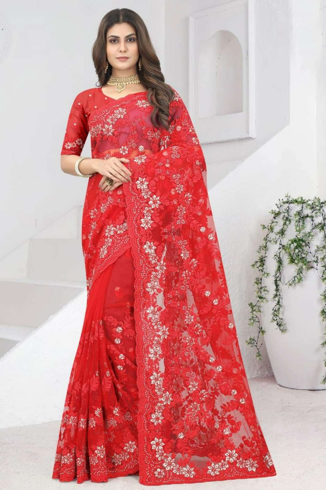 Shri Balaji Emporium ARMANI 8050A Net Saree with  Heavy Resham & Coding Embroidery Work 