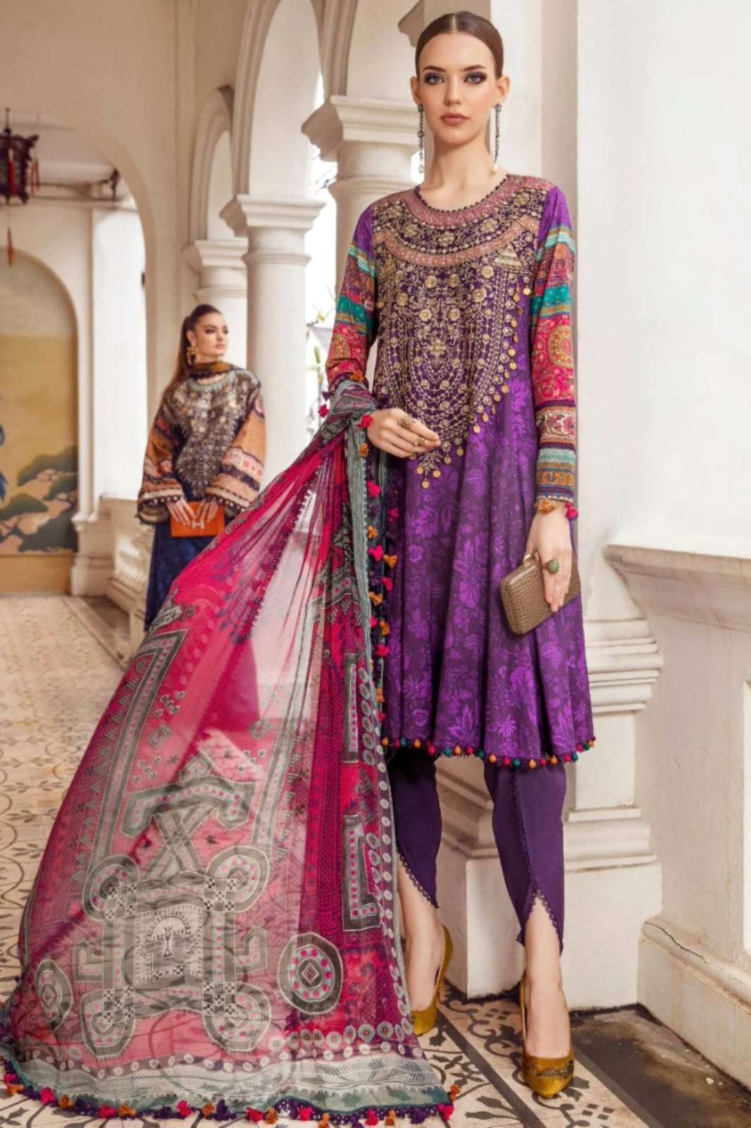 Taj Creations 377q Taj dno 528 Printed Work Designer Pakistani Pure Cotton Short Anarkali Suit