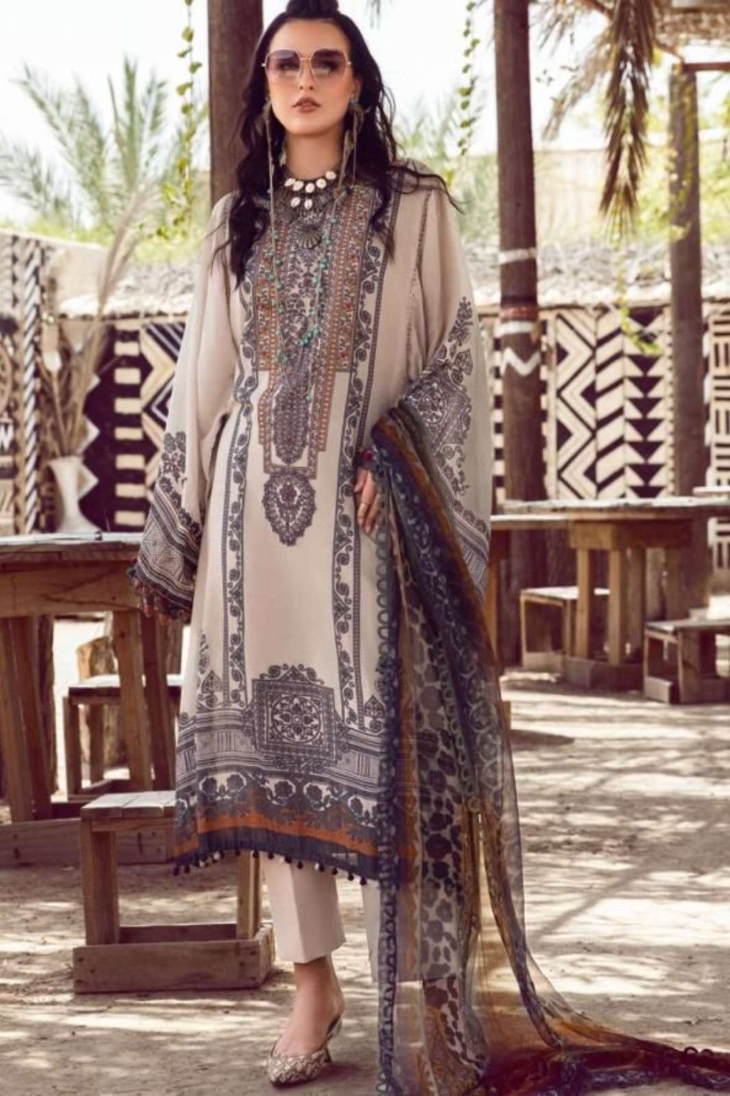 Taj Creations 380q Taj dno 523 - 472 Printed Work Designer Pakistani Pure Cotton Suit