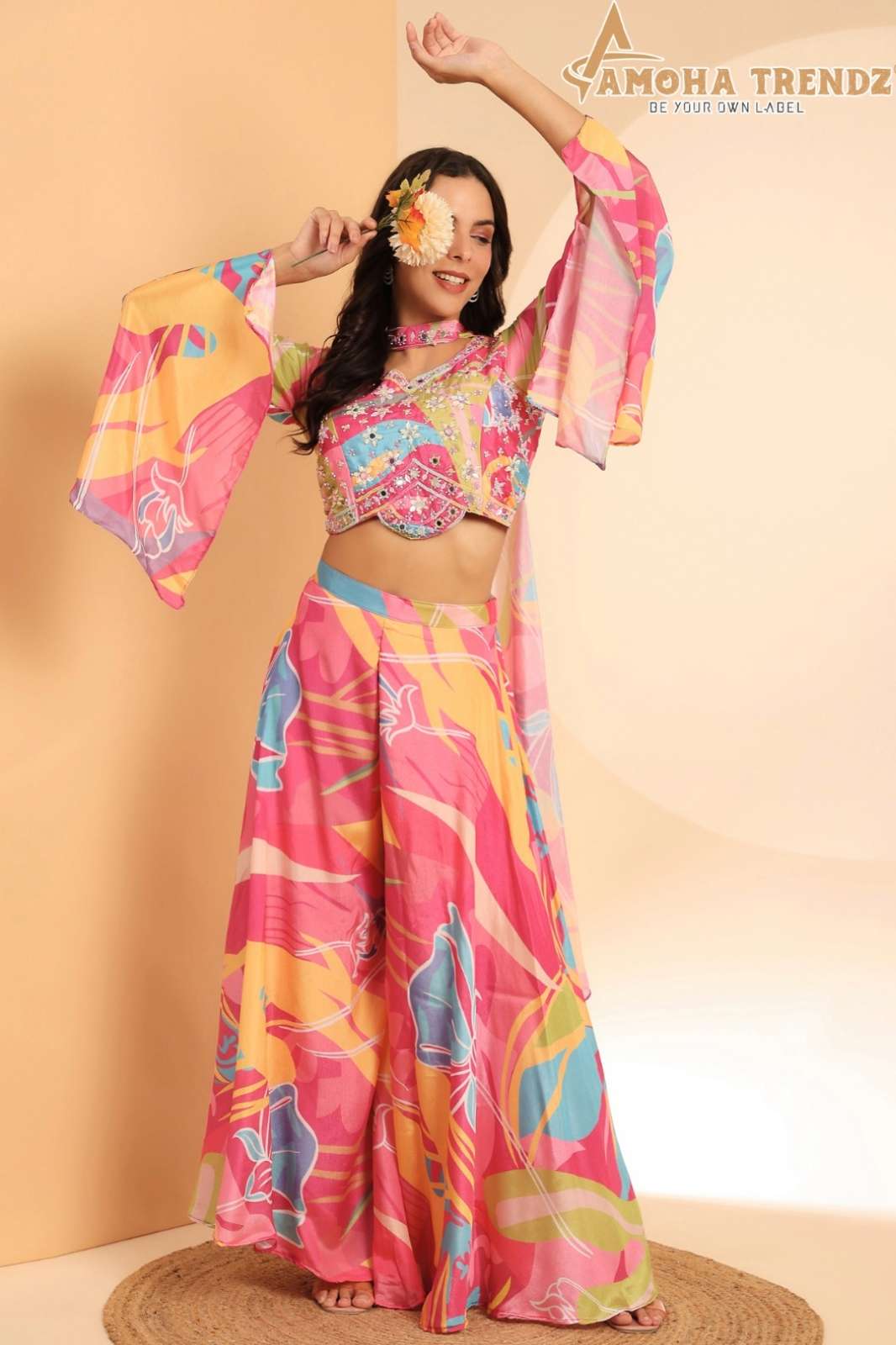 AMOHA C391 8913 DESIGNER SILK SATIN CROP TOP WITH PLAZZO & DUPPATTA