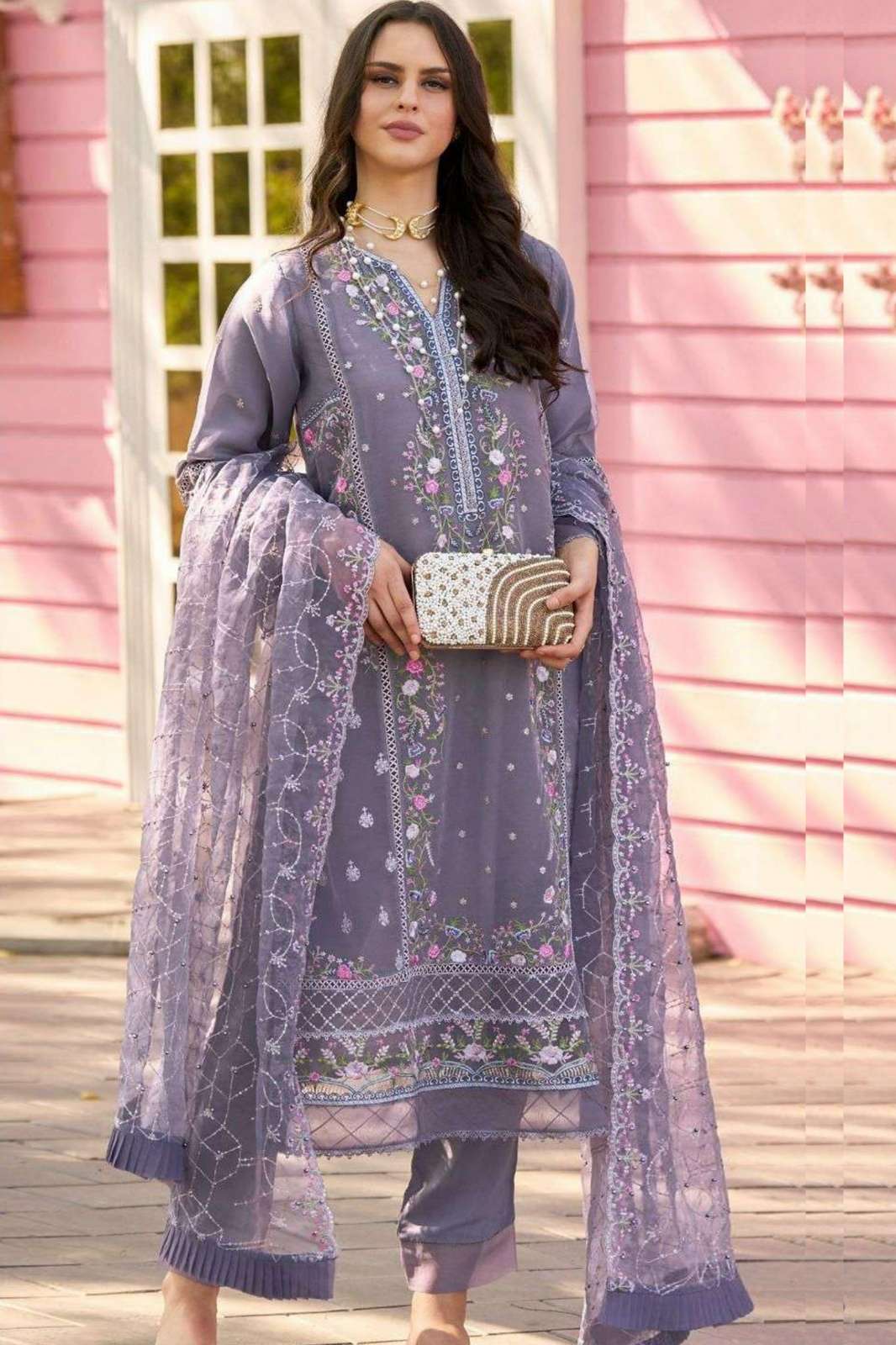 RAMSHA R 1202 Readymade Orgenza Pakistani Suit With Embroidery Work