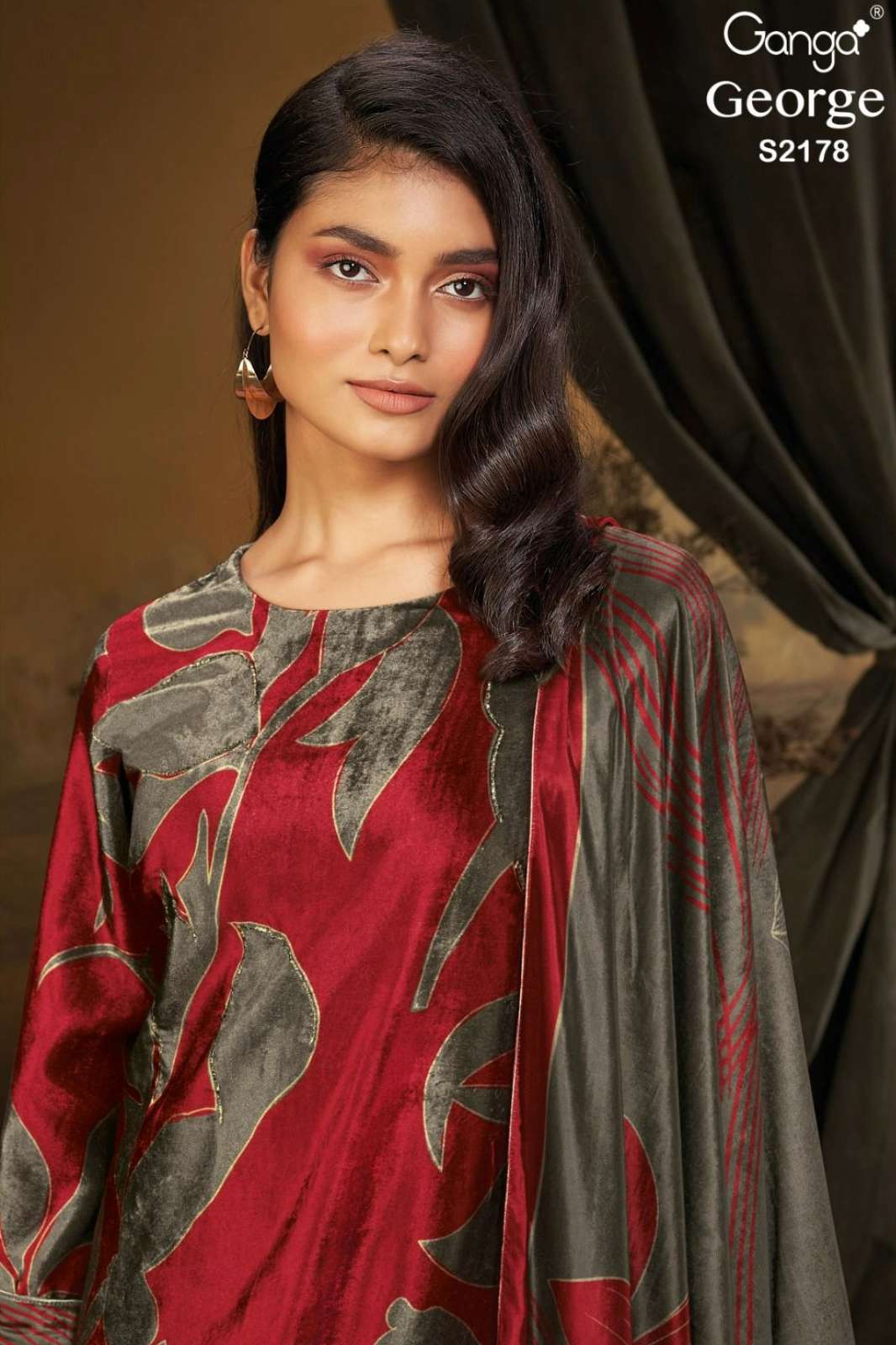 GANGA GEORGE S2178 PREMIUM VELVET PRINTED SUIT WITH EMBROIDERY & HAND WORK 