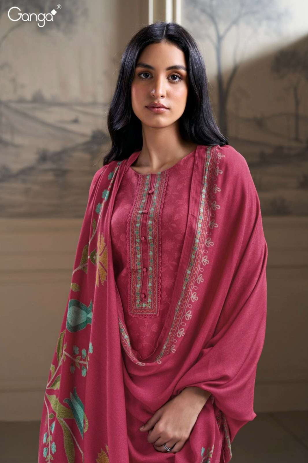 GANGA HIYAS S2935 PREMIUM PURE PASHMINA SUIT WITH EMBROIDERY WORK