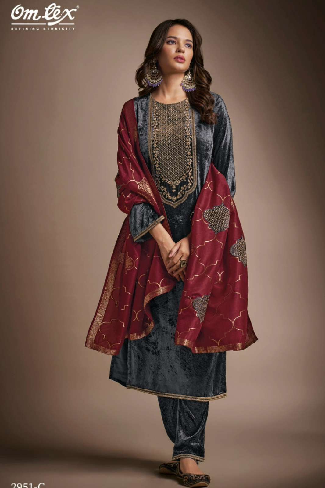 OMTEX RAKS PURE VISCOSE VELVET SUIT WITH EMBROIDERY WORK