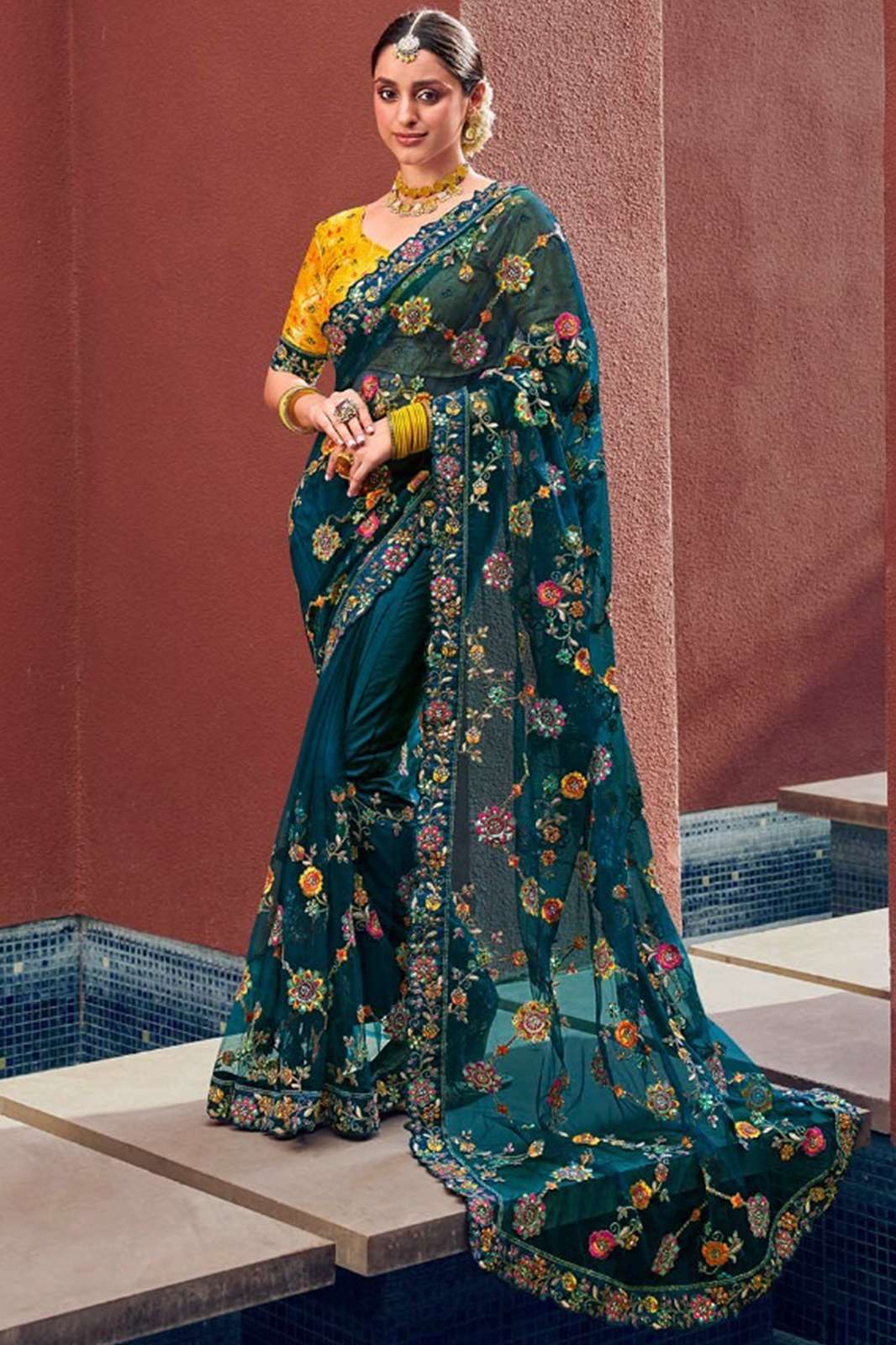 Shri Balaji Emporium 9193 Teal Organza Designer Traditional Saree