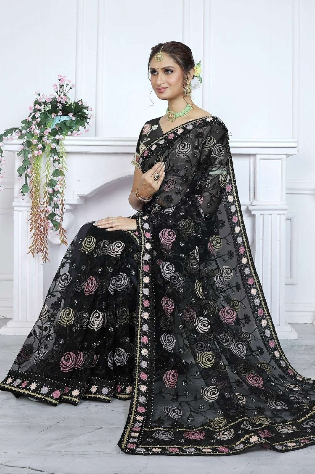 Shri Balaji Emporium VIDDHI  8866 Butterfly Net Embroidery Work Sraee