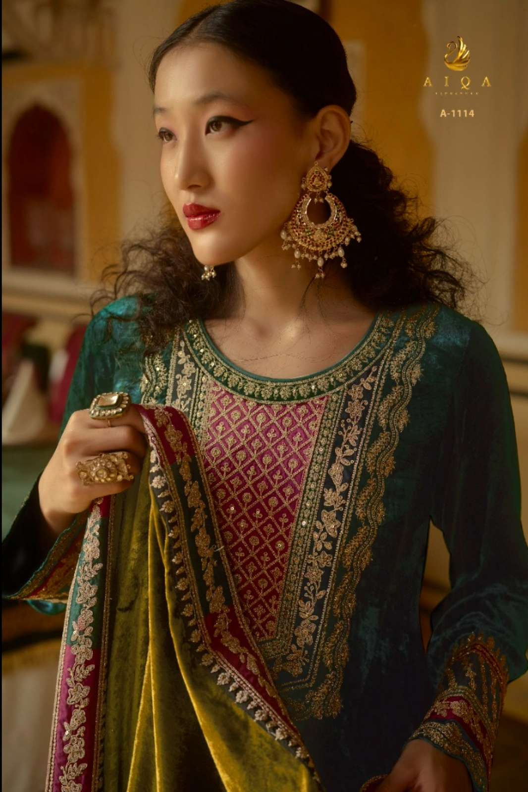 AIQA SURKH PURE VELVET DESIGNER SUIT WITH FANCY WORK