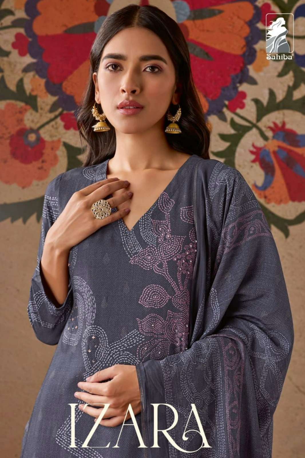 SAHIBA IZARA STAPLE TWILL DIGITAL PRINTED SUIT WITH HAND WORK