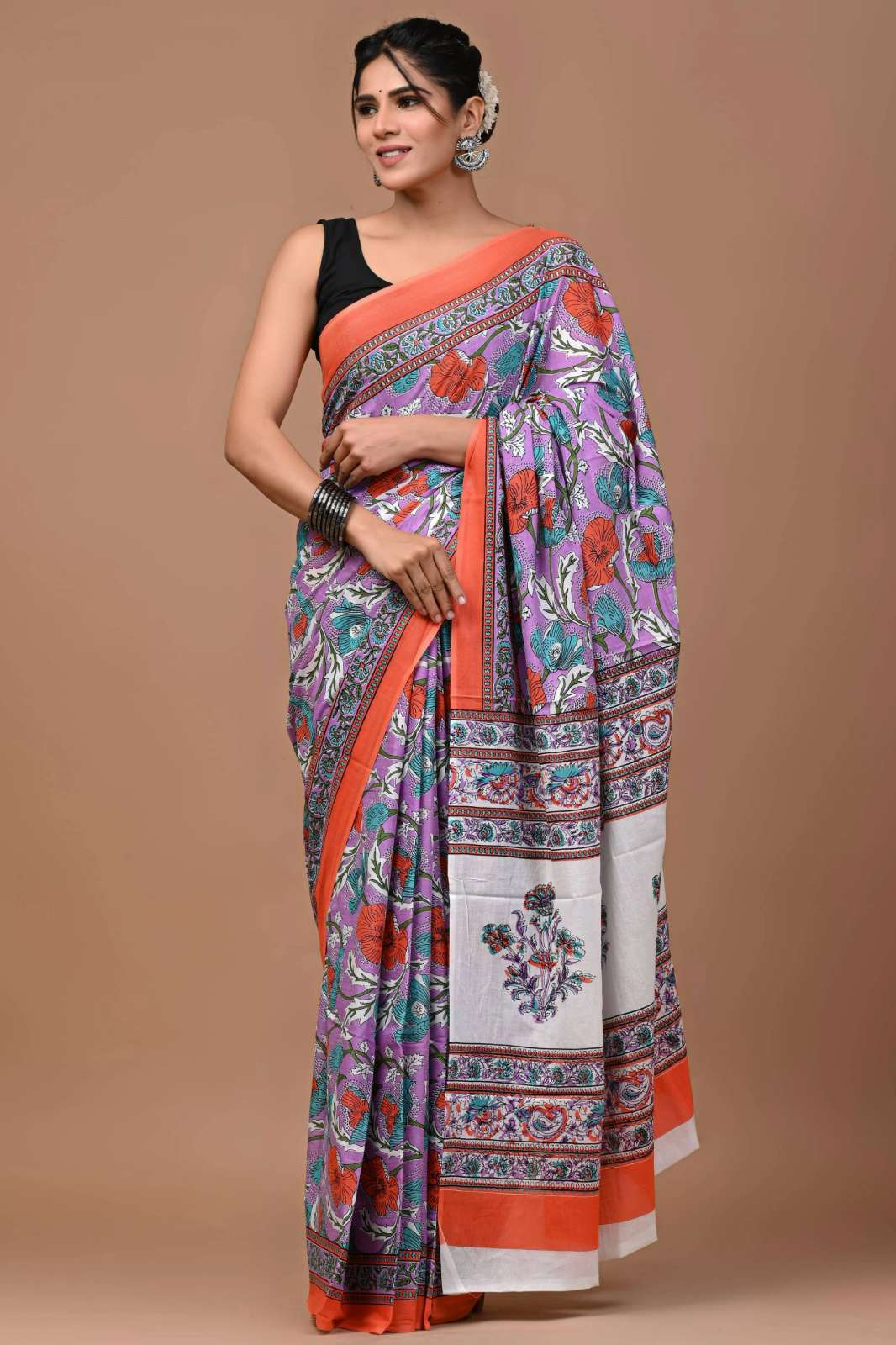 Shri Balaji Emporium 9567A Hand Block Printed Cotton Mulmul Sarees 