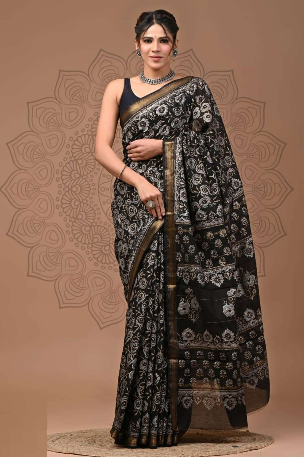 Shri Balaji Emporium 9628A Hand block Printed Maheswari Silk cotton sarees