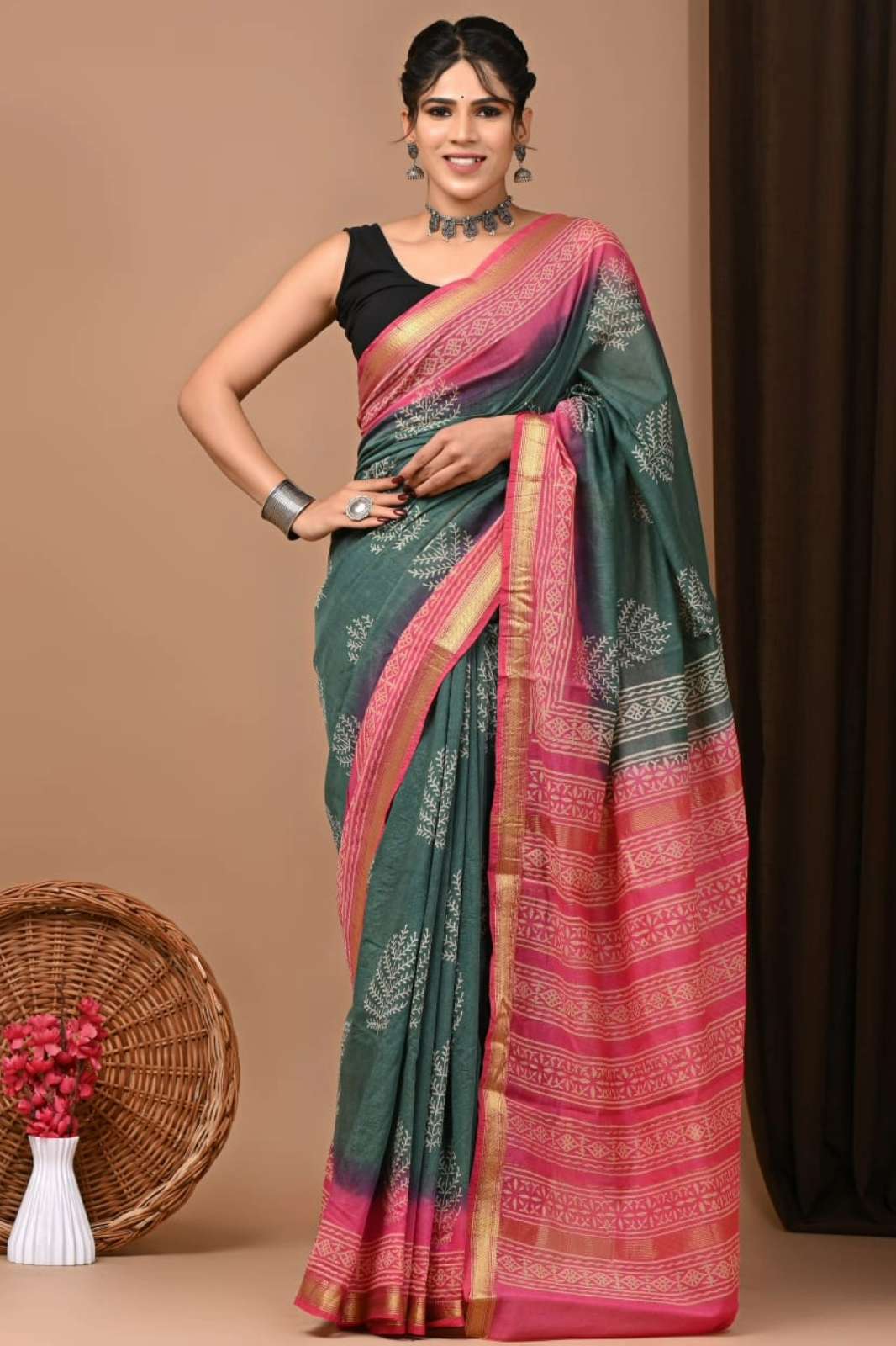 Shri Balaji Emporium 9628B Hand block Printed Maheswari Silk cotton sarees