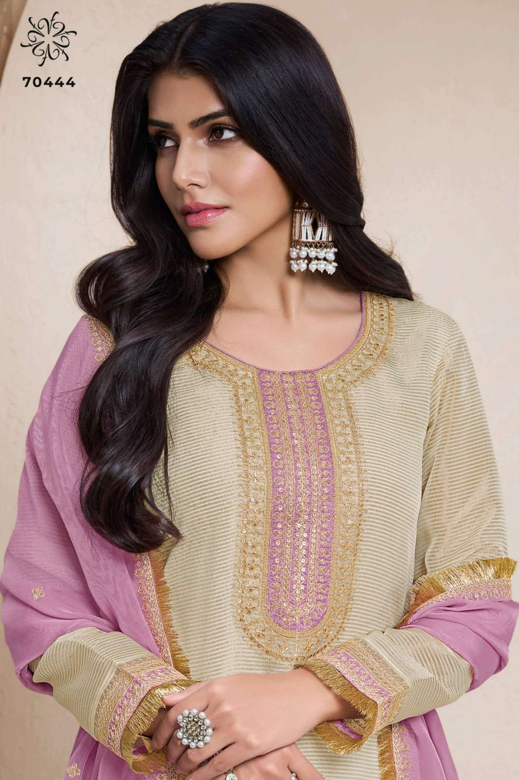 VINAY KULEESH SARLA 9639 EMBROIDERED ORGANZA SUIT WITH ZARI STRIPES