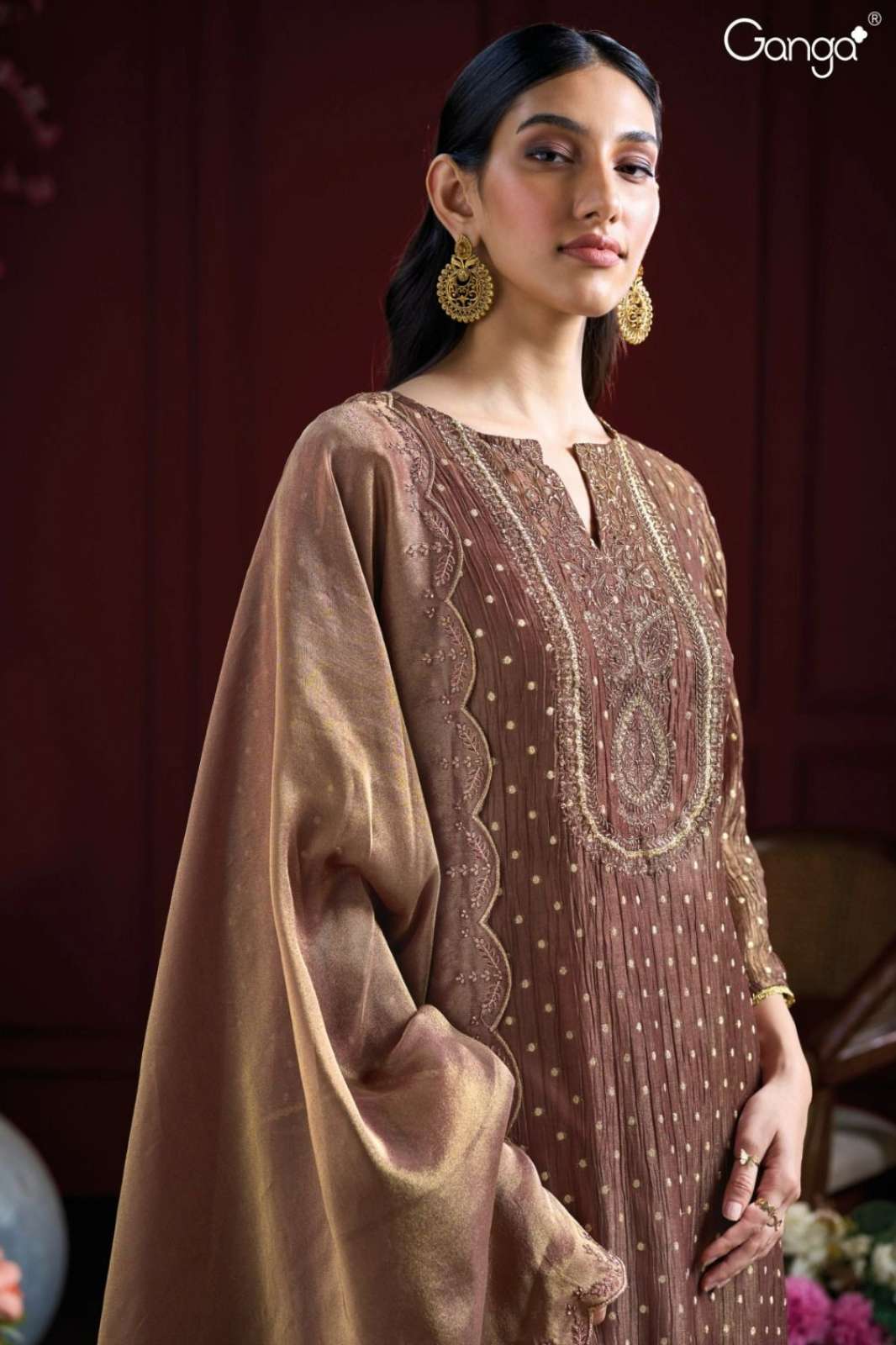 GANGA KIELY S2945 PREMIUM VISCOSE SILK WRINKLE JACQUARD SUIT WITH EMBROIDERY WORK