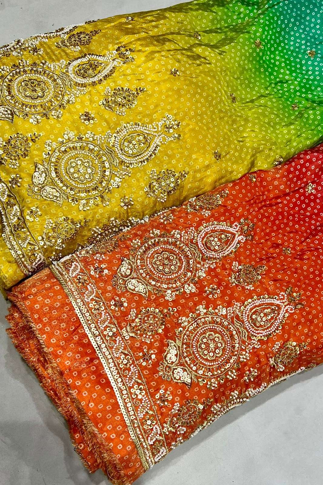 Shri Balaji Emporium A83 Tissue Fabric with Bandhni Print & Heavy Handwork