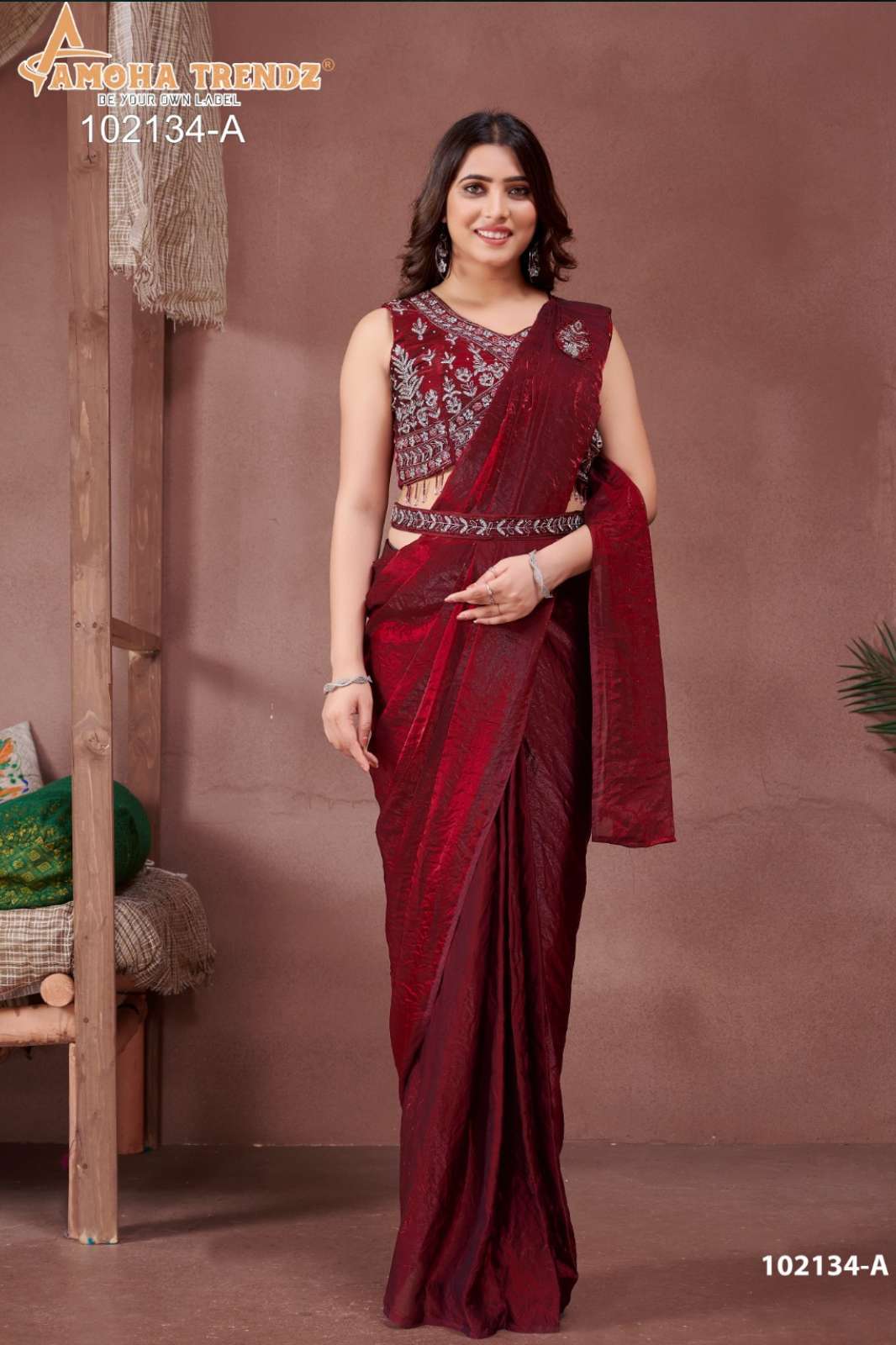 AMOHA 102134 11052 Girlist Partywear Satin Ready to Wear Saree with Belt 