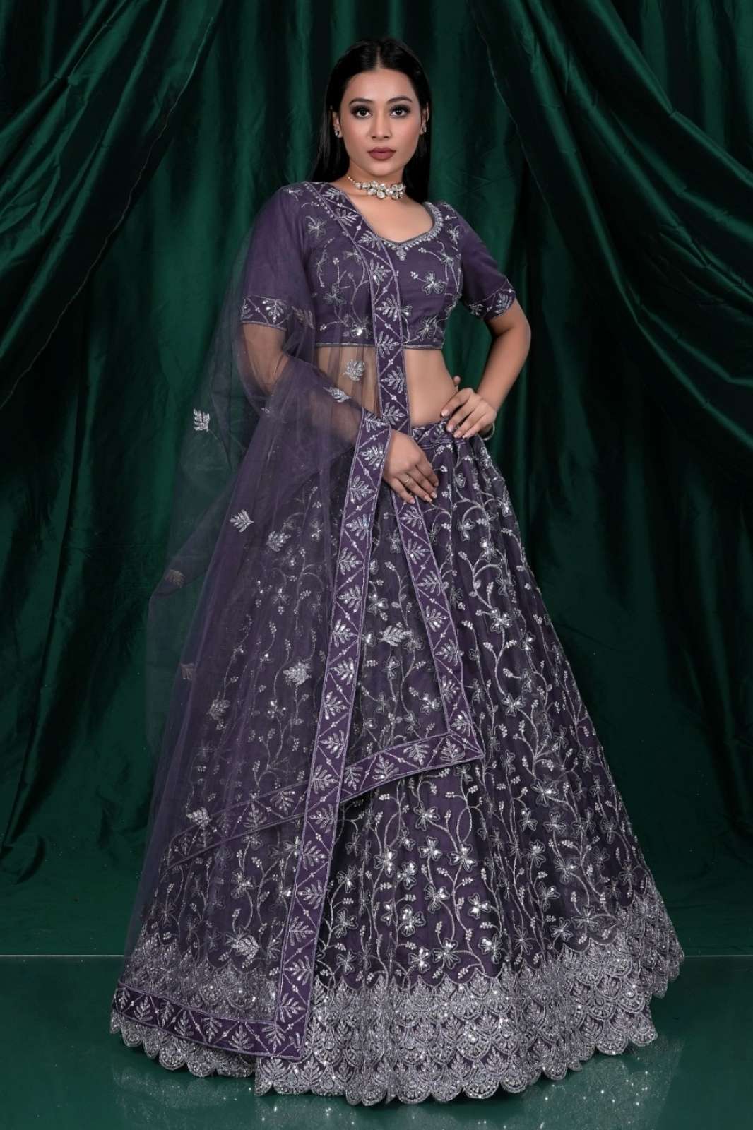 Shri Balaji Emporium 10492 Beautiful Embroidered Purple Net Lehenga 