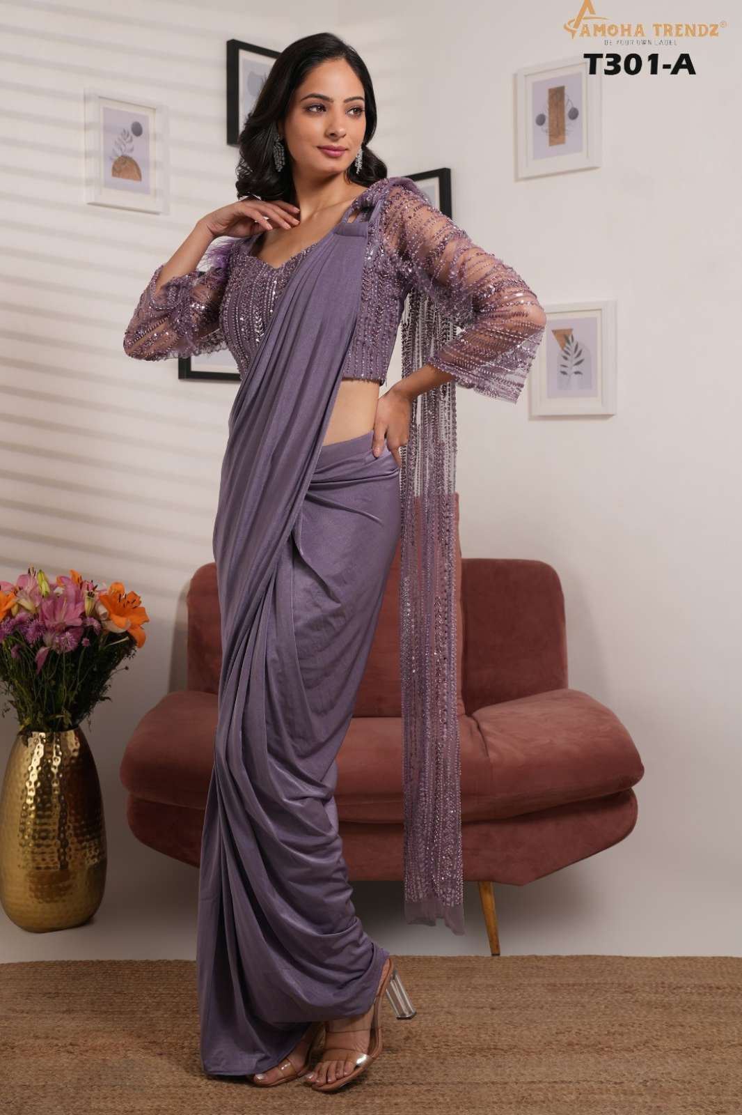 AMOHA T301 11311 Trendy Ready to wear Girlish Style Embroidery Work Saree 