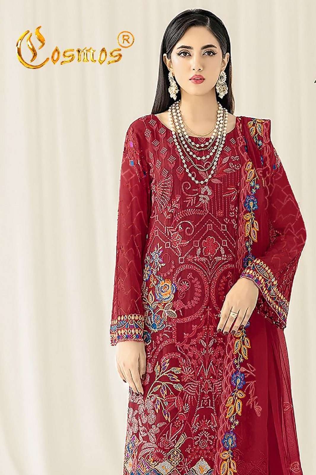 COSMOS 2905 RED GEORGETTE EMBROIDERED SUITS