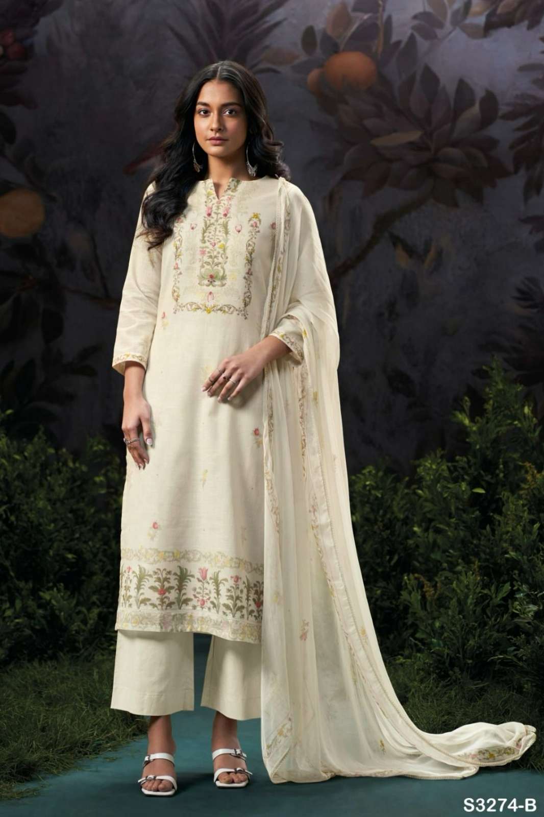 GANGA INGA S3274 PREMIUM COTTON LINEN EMBROIDERY WORK SUIT