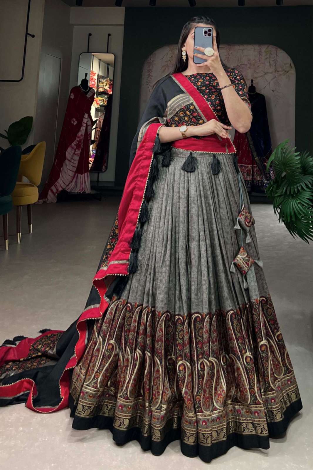 PAYAL CREATION 1209GRY 10928 Tussar Silk Kashmiri Print With Foil Print Work Lehenga Choli 