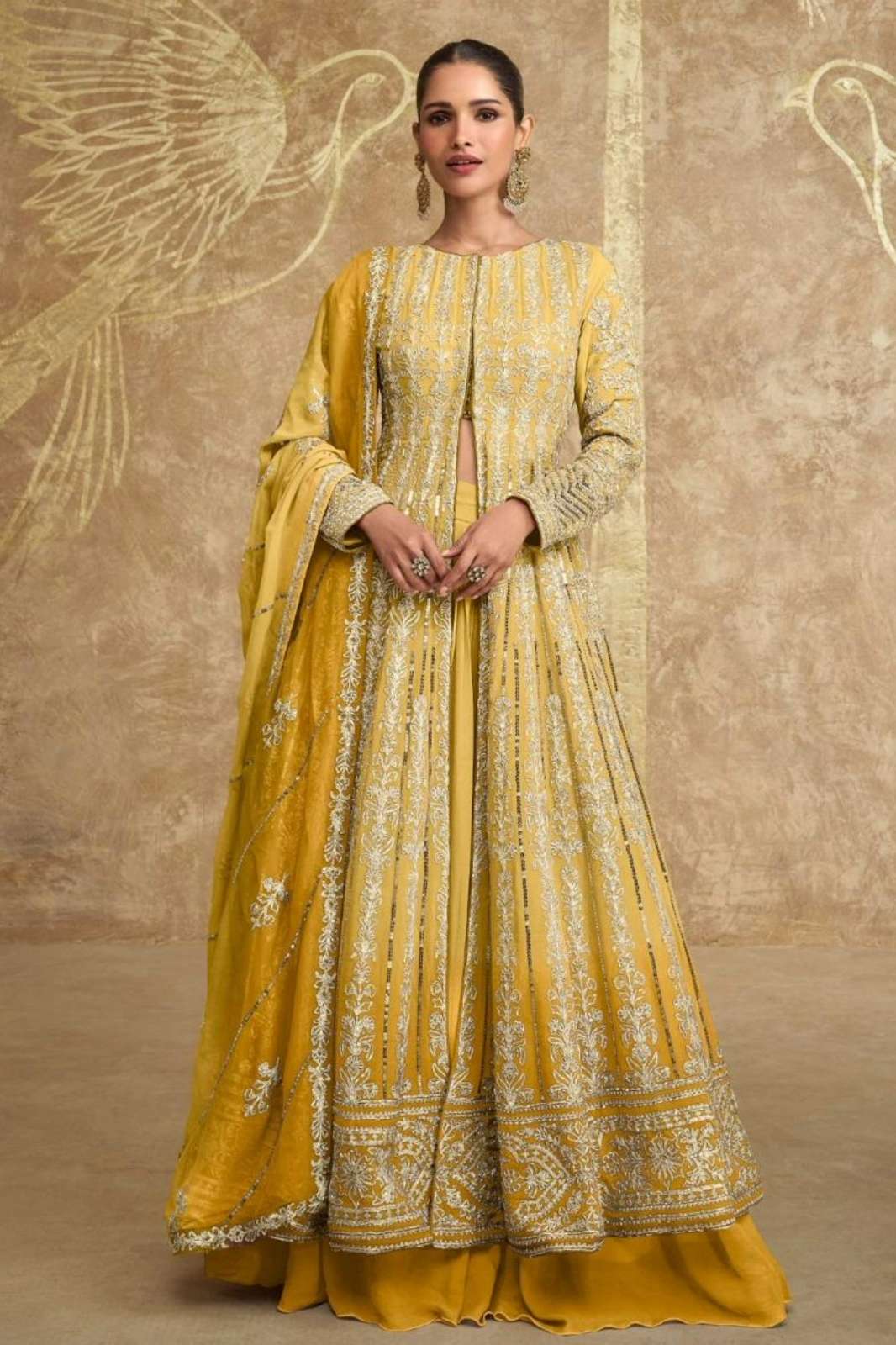 SAYURI SAWARIA GOLD 11542 READY TO WEAR FRONT SLID PREMIUM REAL CHINON SILK ANARKALI SUIT