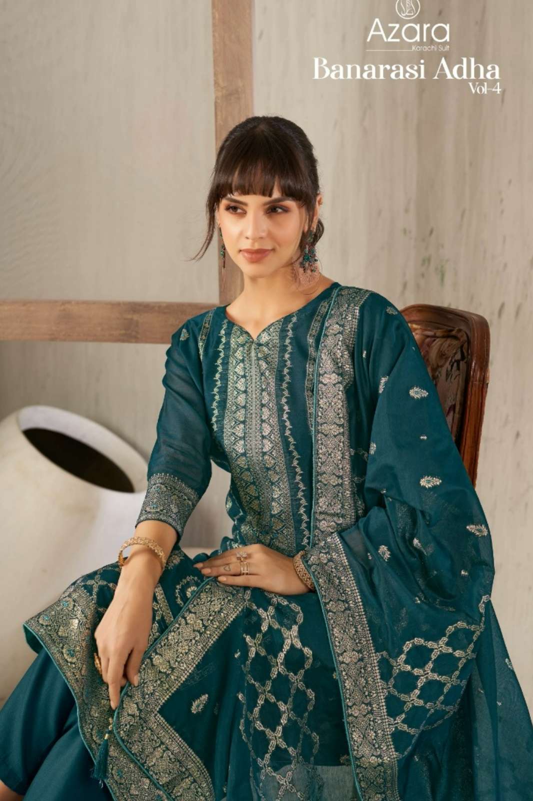 AZARA BANARASHI ADAH 4 COTTON JACQUARD SWAROVSKI WORK SUIT