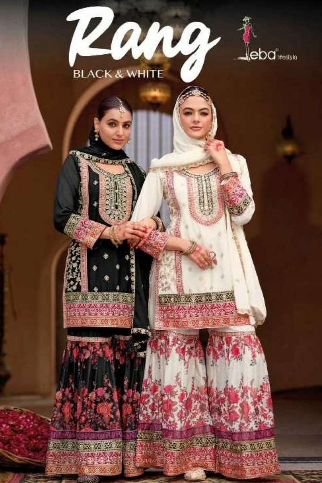 Eba Rang Black & white Ready to Wear Chinon Sharara Suit With Embroidery work