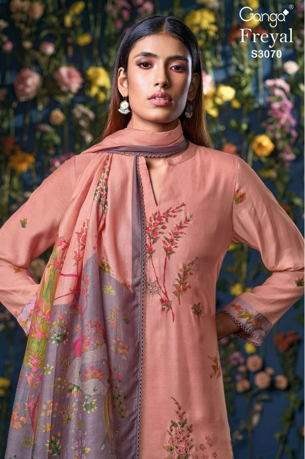 GANGA FREYAL S3070 PREMIUM PURE BEMBERG SILK HAND EMBROIDERED SUIT 