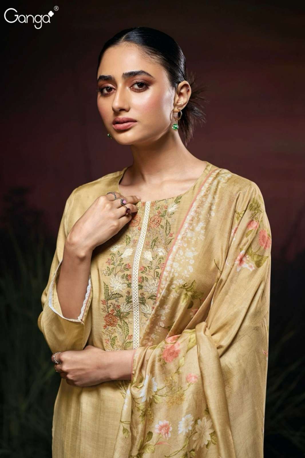 GANGA JANITA S3266 PREMIUM PURE BEMBERG SILK EMBROIDERED SUIT 