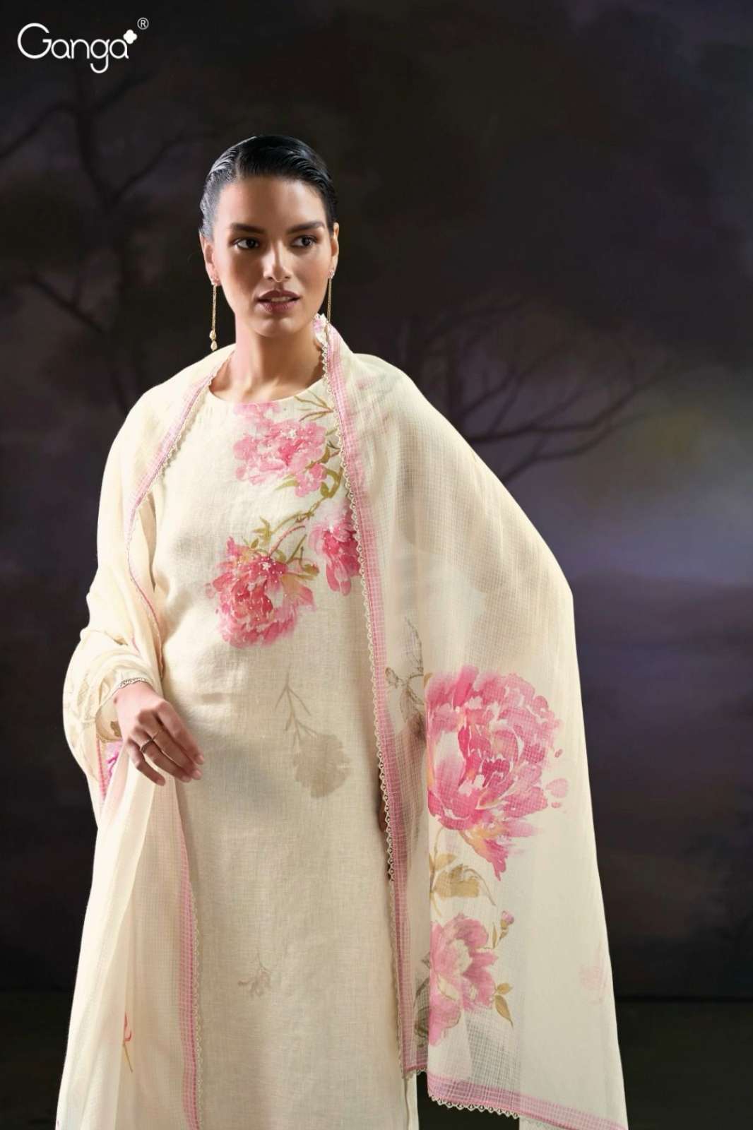 GANGA MADIHA S3402 PREMIUM PURE LINEN HAND WORK SUIT 