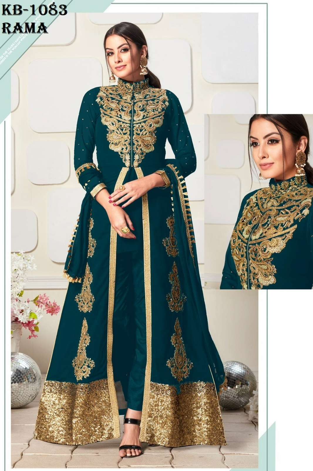  KB series KB 1083 Beautiful Embroidered Faux Georgette Front Slit Log Suit 