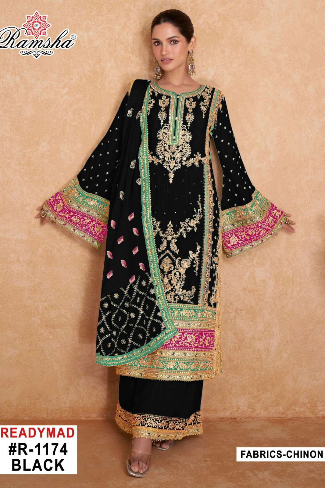 RAMSHA R 1174 READY TO WEAR CHINON EMBROIDERY PAKISTANI SUIT