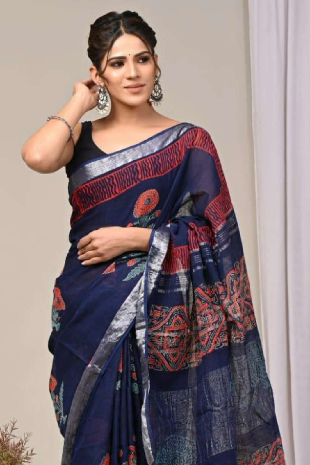 Shri Balaji Emporium RF Hand Block Printed Linen Saree