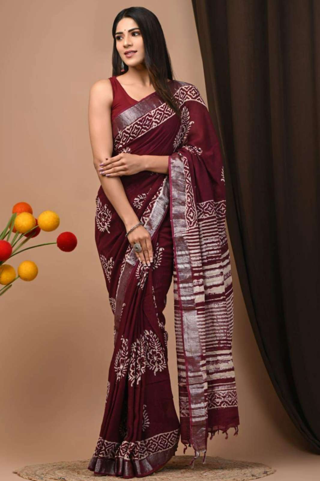 Shri Balaji Emporium RF Hand Block Printed Linen Saree