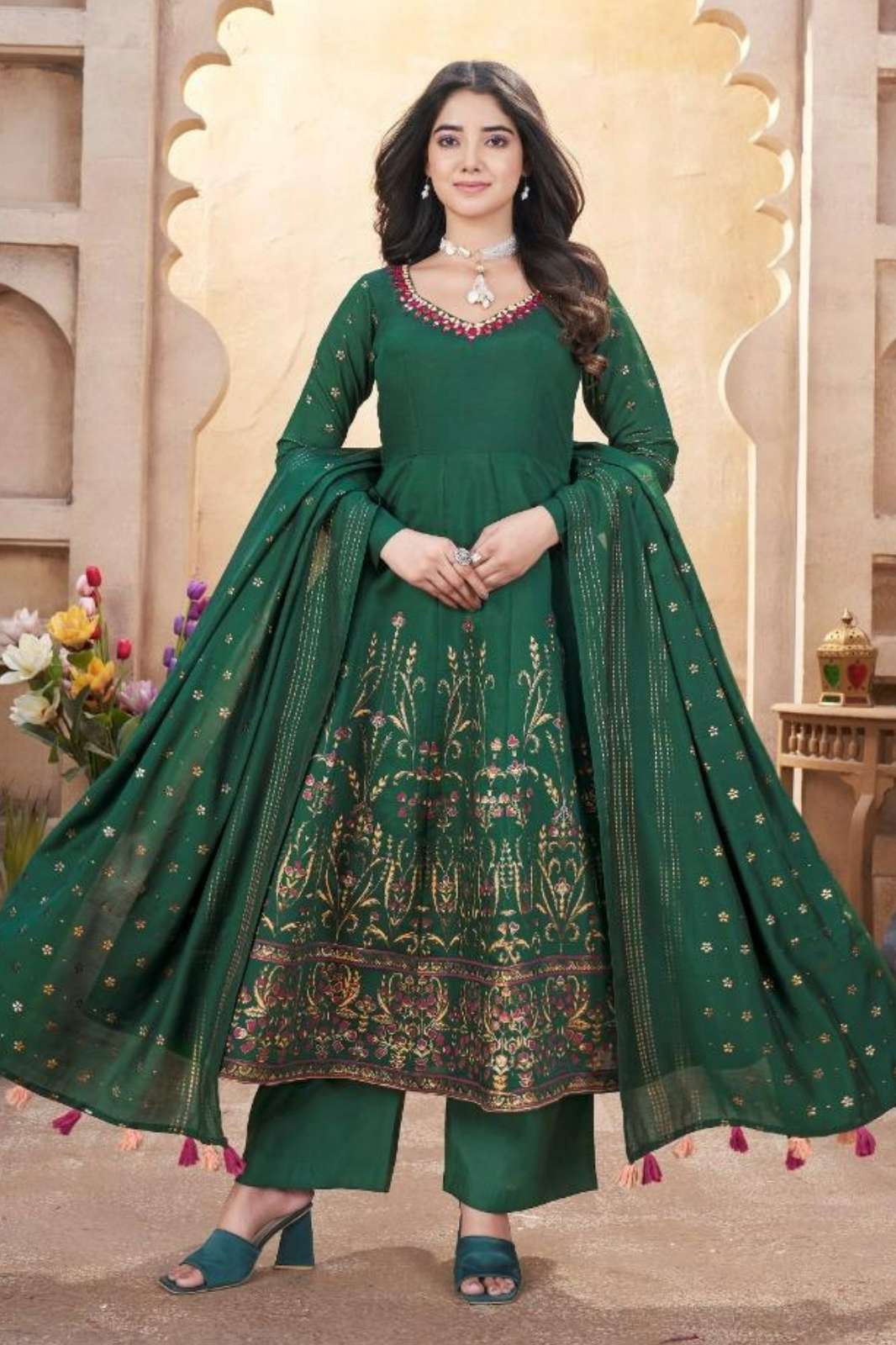 SHUBHKALA ROYAL LOOK READY TO WEAR ROMAN SILK MIRROR WORK ANARKALI SUIT