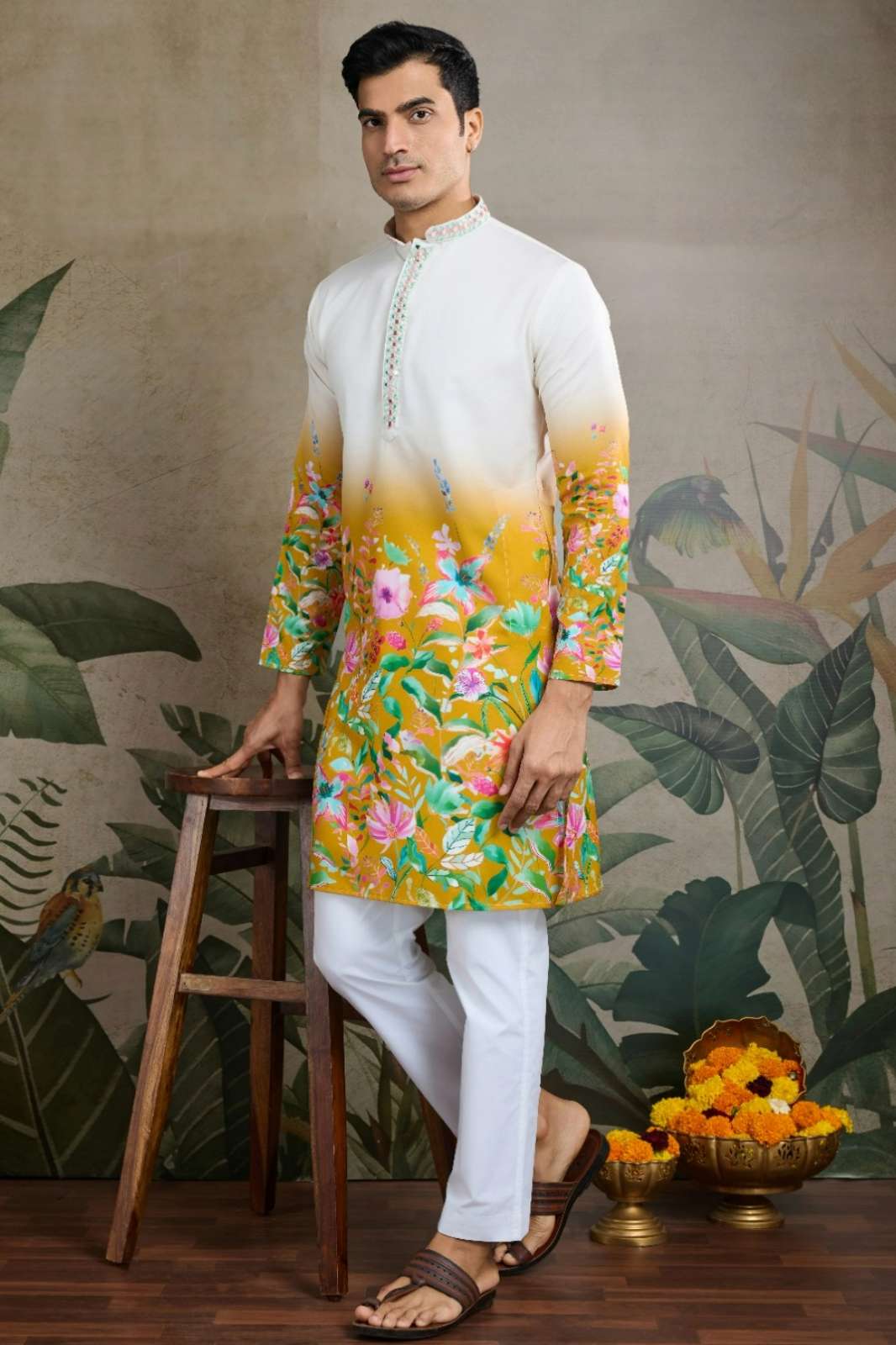SHUBHVASTRA YELLOW COLOR RAYON MIRRON WORK MENS KURTA 