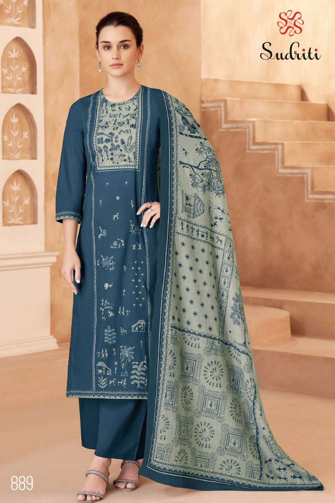 SUDRITI TRIBLE THREAD PURE COTTON LAWN HAND WORK SUIT 