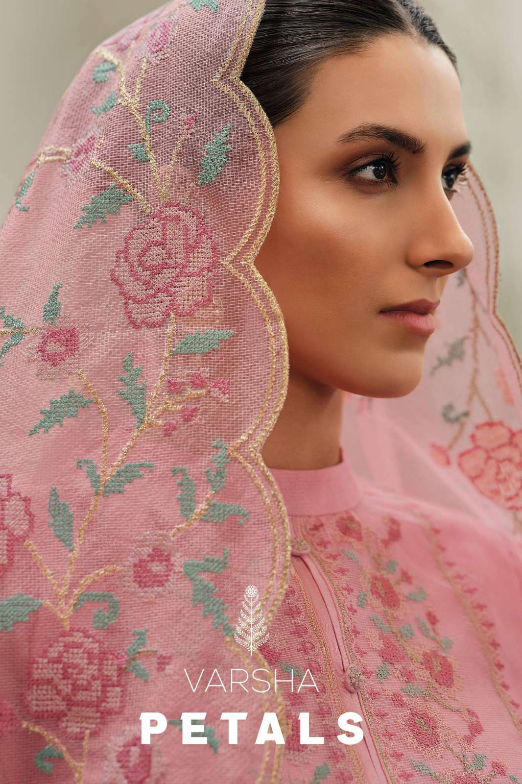 VARSHA PETALS SUPER NET WITH CROSS STITCH EMBROIDERED SUIT 