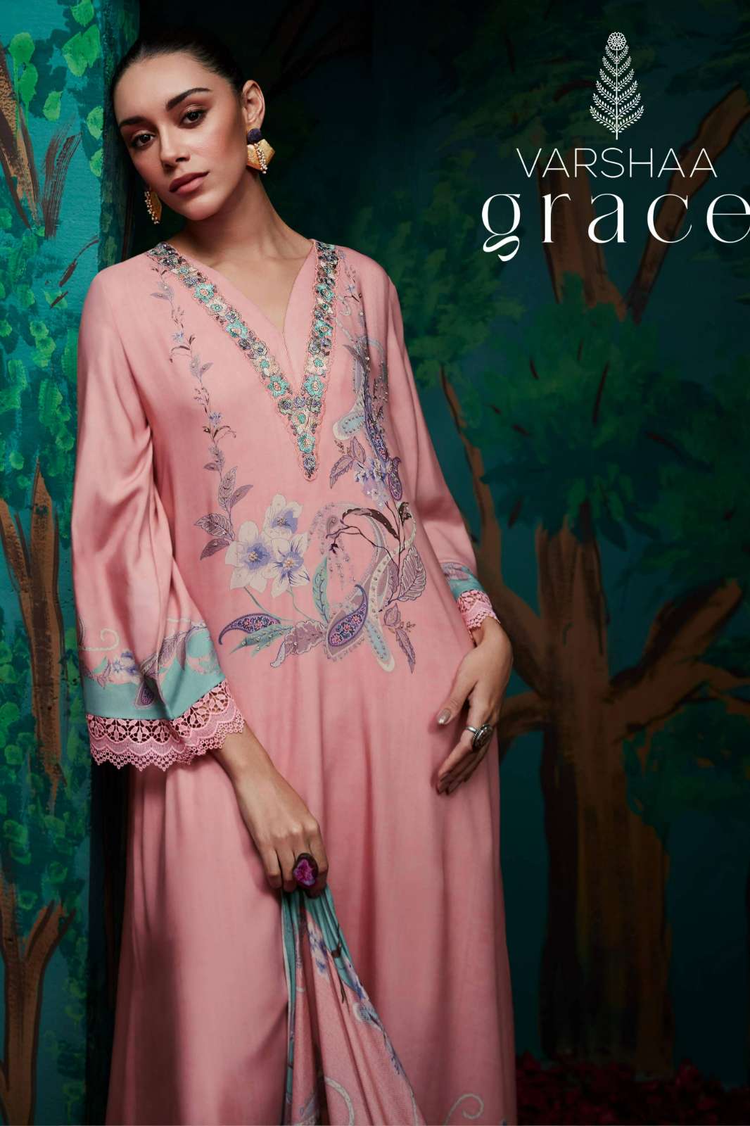 VARSHAA GRACE VISCOSE MUSLIN DIGITALLY PRINTED SUIT WITH HANDWORK