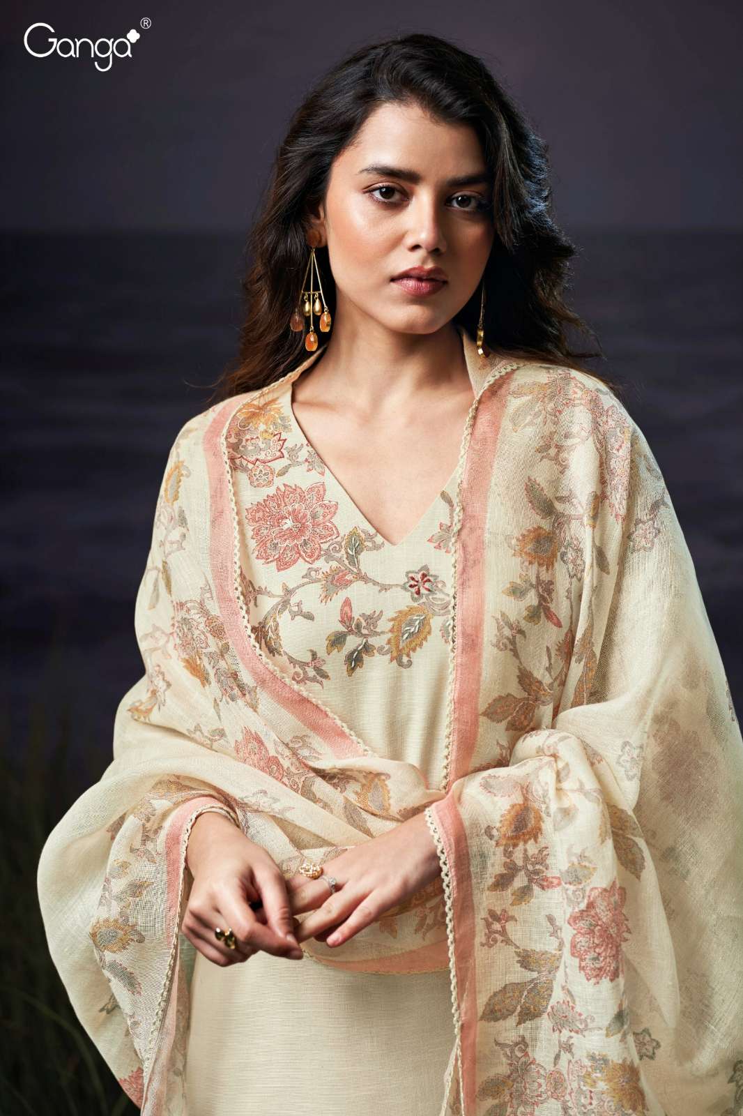 GANGA DEETI S3553 PREMIUM COTTON LINEN PRINTED SUIT WITH HAND WORK 