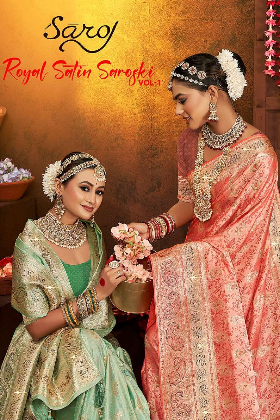 SAROJ SAREE ROYAL SATTIN SWAROSKI RICH PALLU SAREES