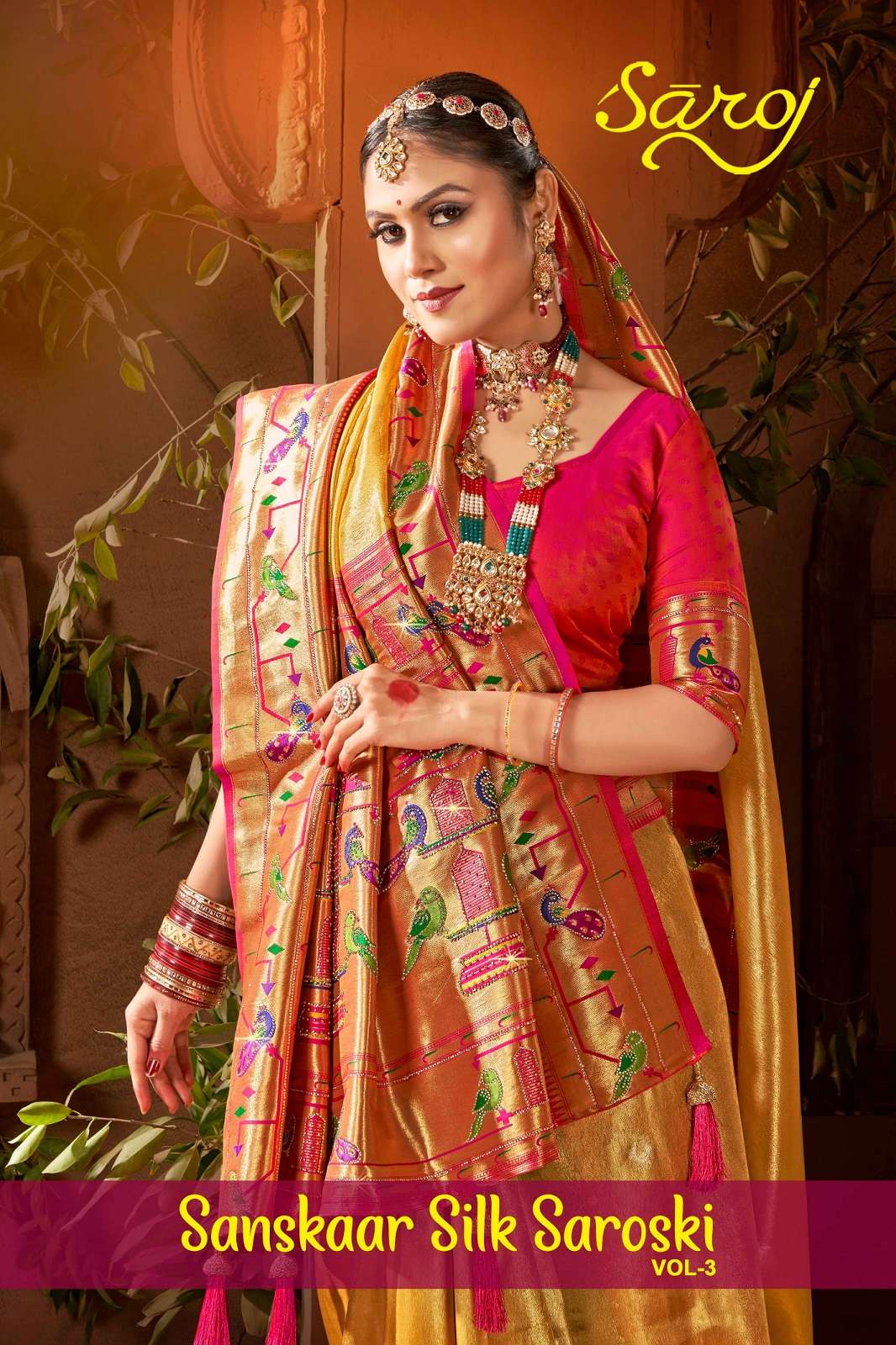 SAROJ SAREES SANSKAR SILK SAROSKI VOL 3 SATIN PAITHANI SAREES