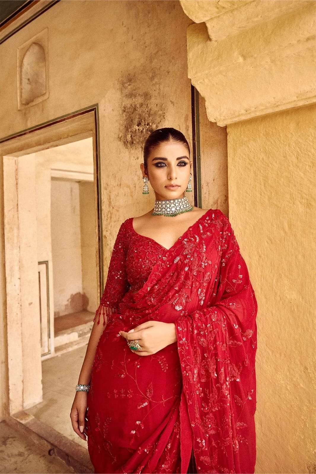 SHRI BALAJI 3447 GEORGETTE EMBROIDERY WORKED RED SAREES