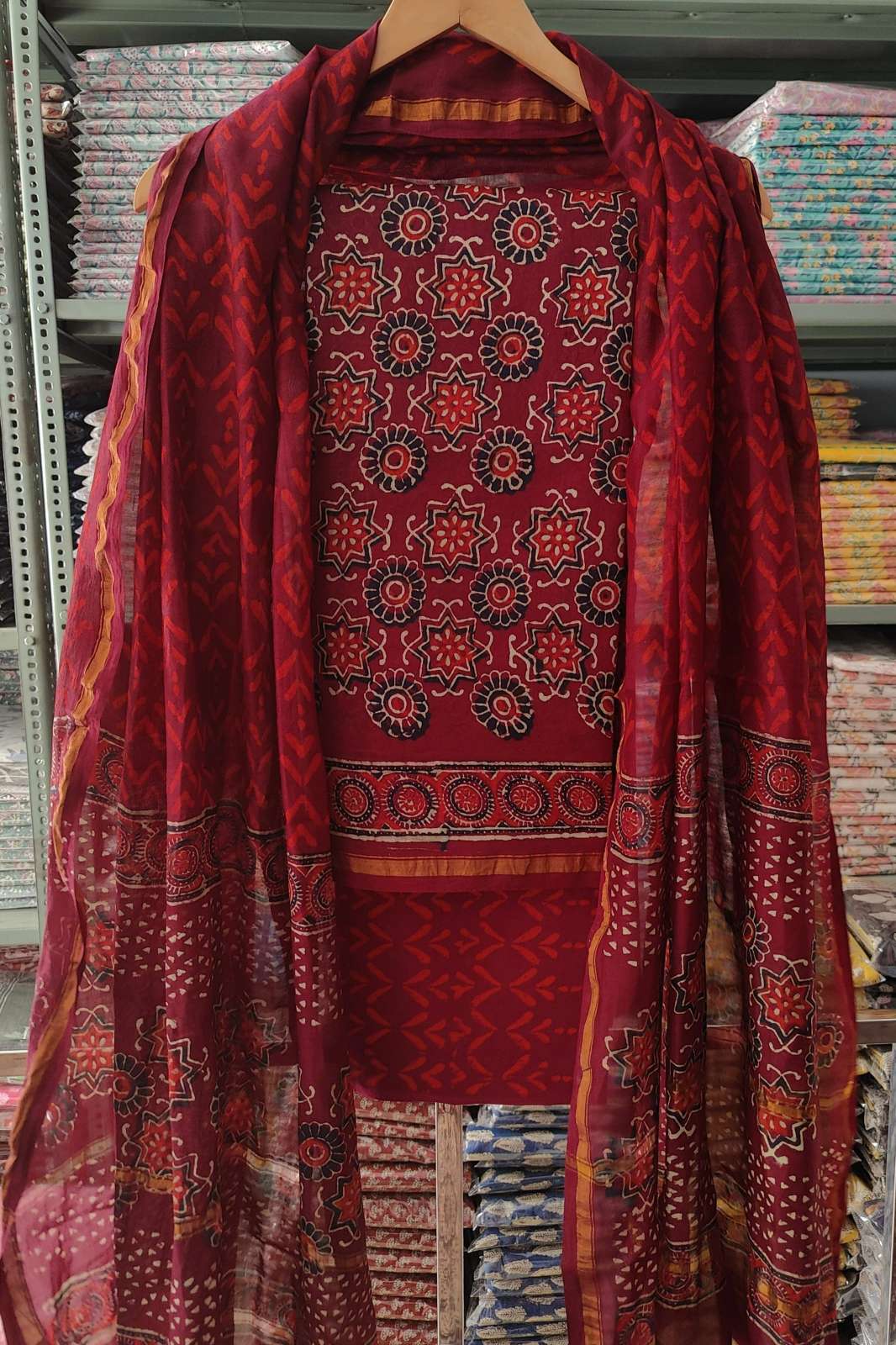 Shri Balaji Emporium RF Bagru hand block printed pure Chanderi Silk Suits