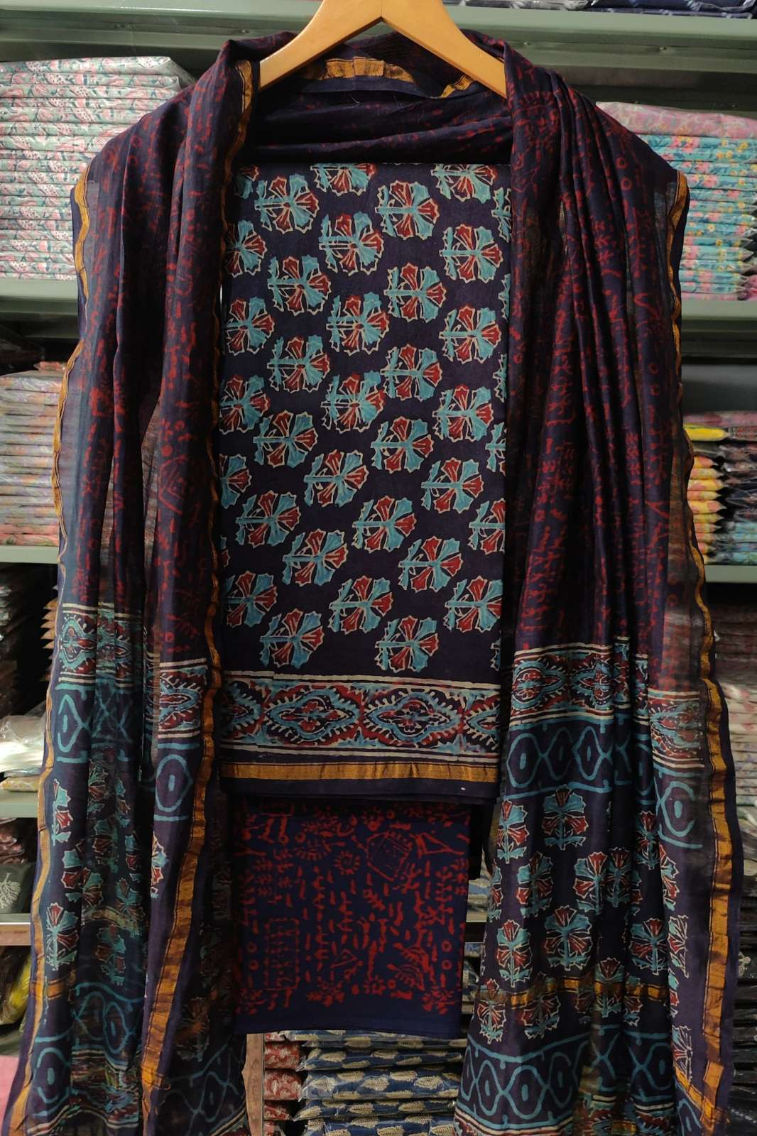 Shri Balaji Emporium RF Bagru hand block printed pure Chanderi Silk Suits