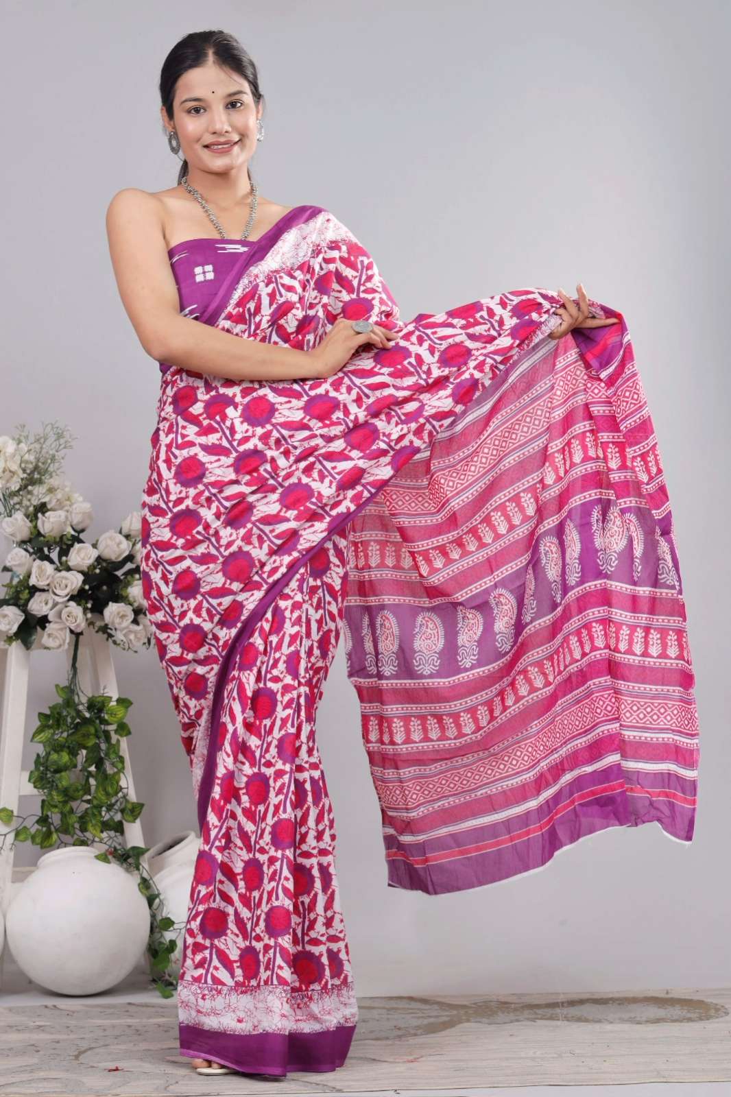 Shri Balaji Emporium RF Bagru hand block printed Pure cotton Mulmul saree