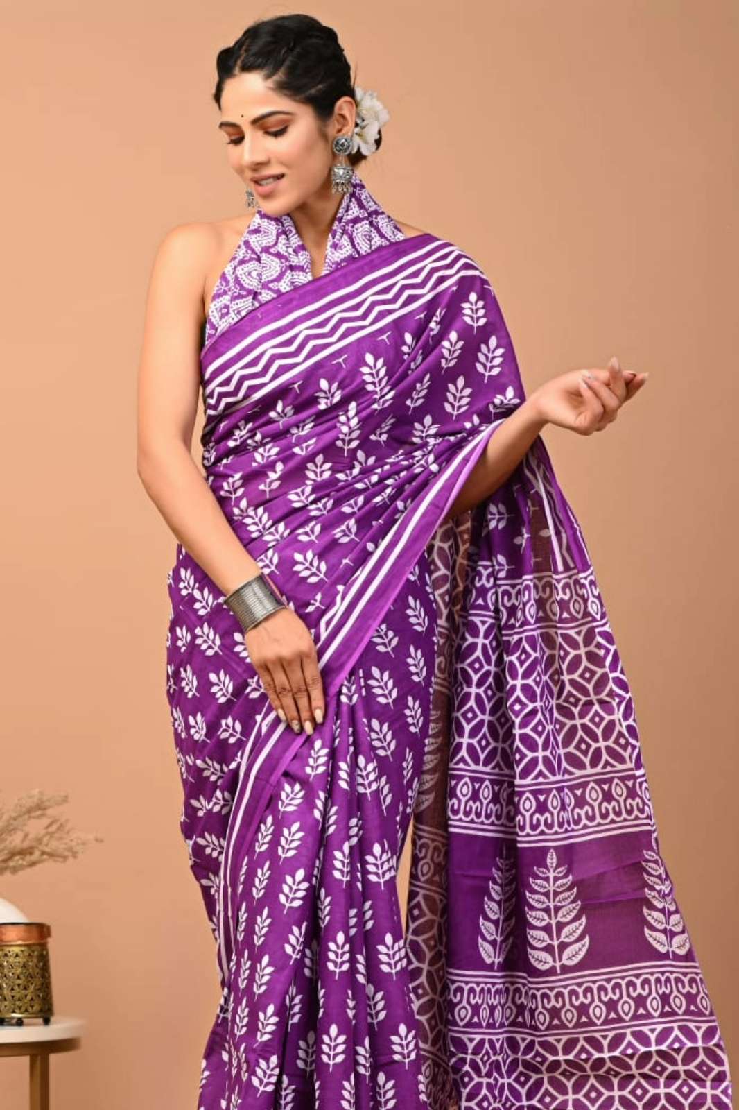 Shri Balaji Emporium RF Bagru hand block printed Pure cotton Mulmul saree