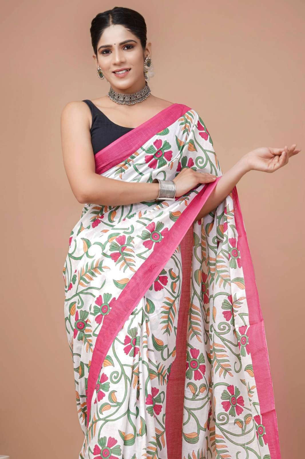 Shri Balaji Emporium RF Bagru hand block printed Pure cotton Mulmul saree