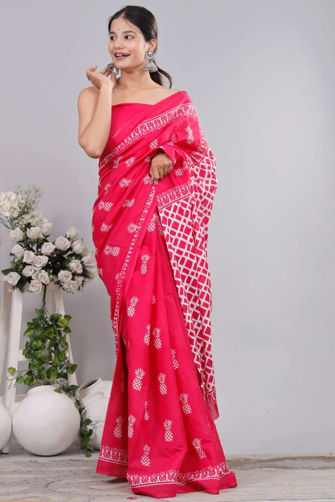 Shri Balaji Emporium RF Bagru hand block printed Pure cotton Mulmul Saree