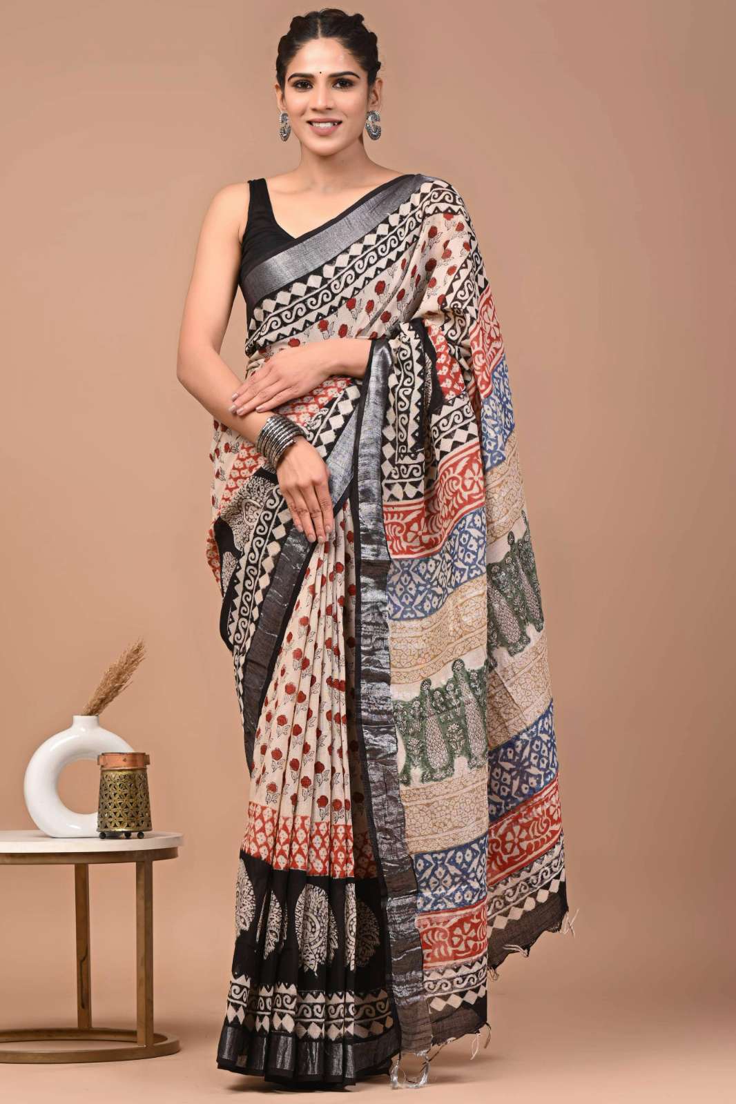 Shri Balaji Emporium RF Bagru hand block printed Pure Linen saree